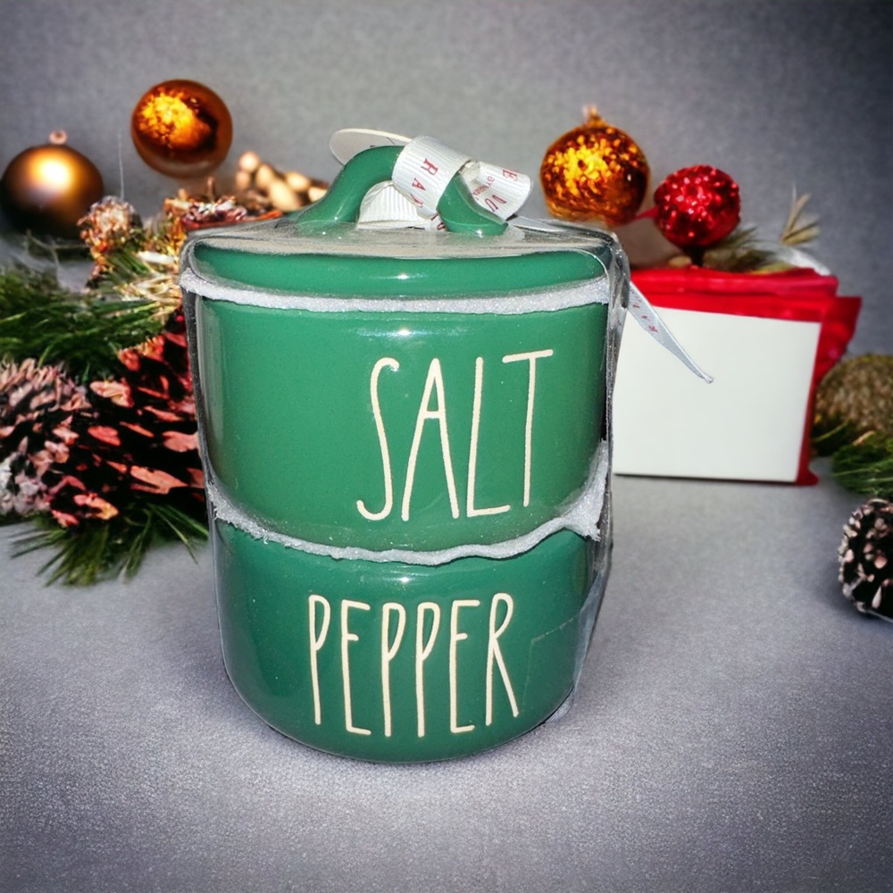 Rae Dunn salt and pepper stackers Christmas green